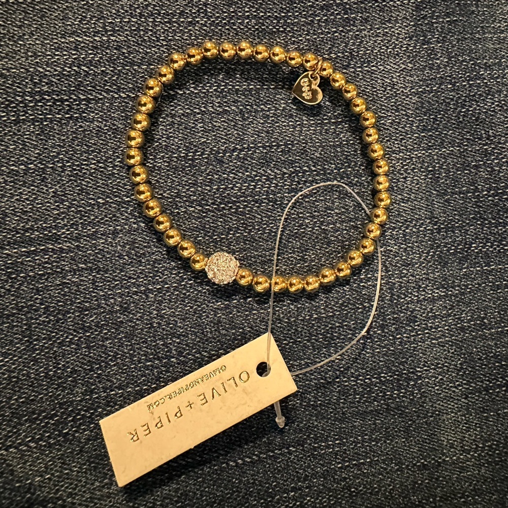 Oliver and Piper Gold Beaded Bracelet with Rhinestone Diamond Ball